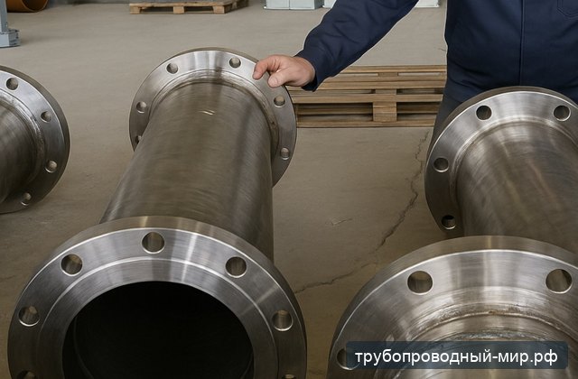 Крупные трубные секции с фланцами после сварки и подготовки присоединений