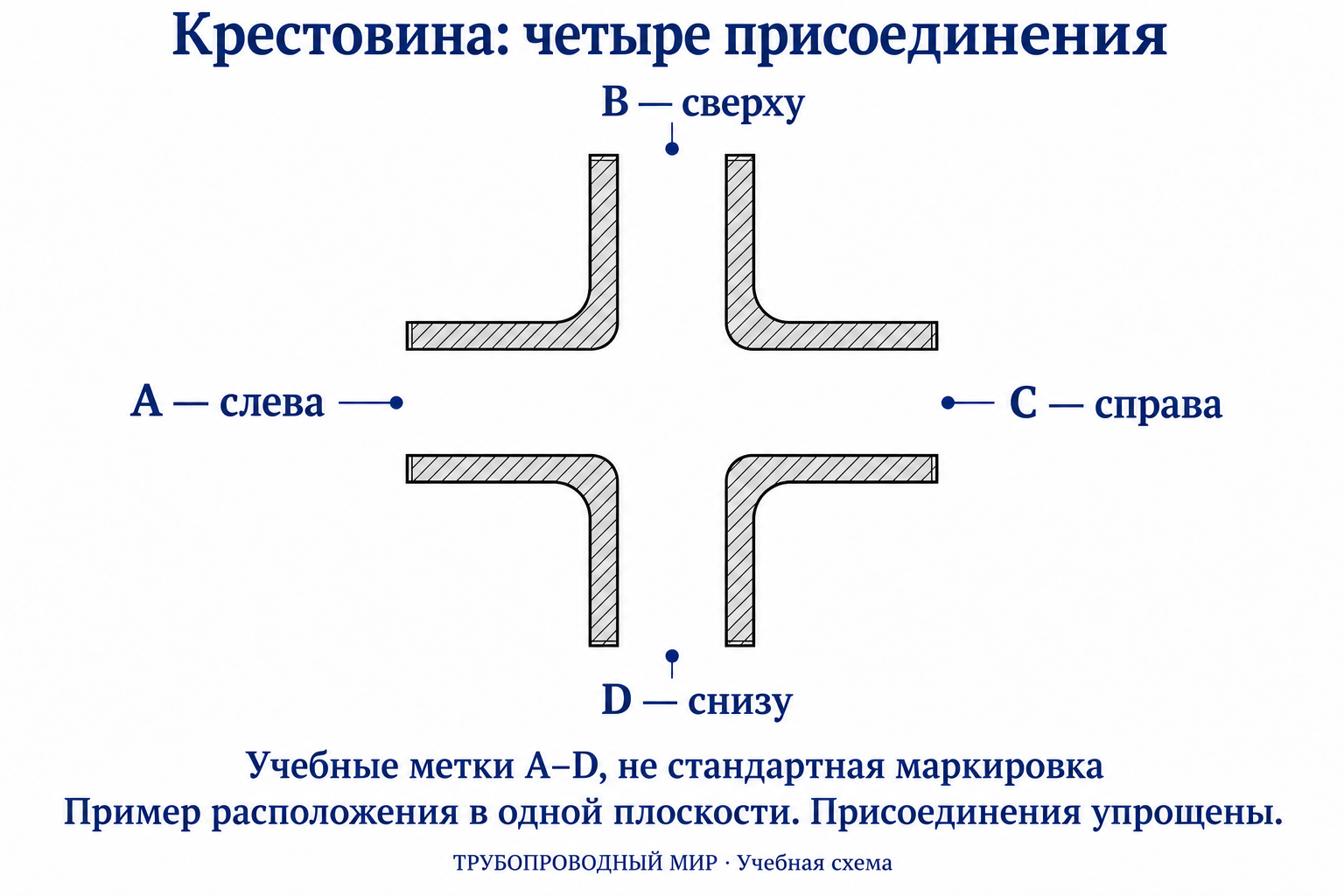 Учебная схема плоской крестовины: A слева, B сверху, C справа, D снизу; четыре открытых конца сообщаются в центре