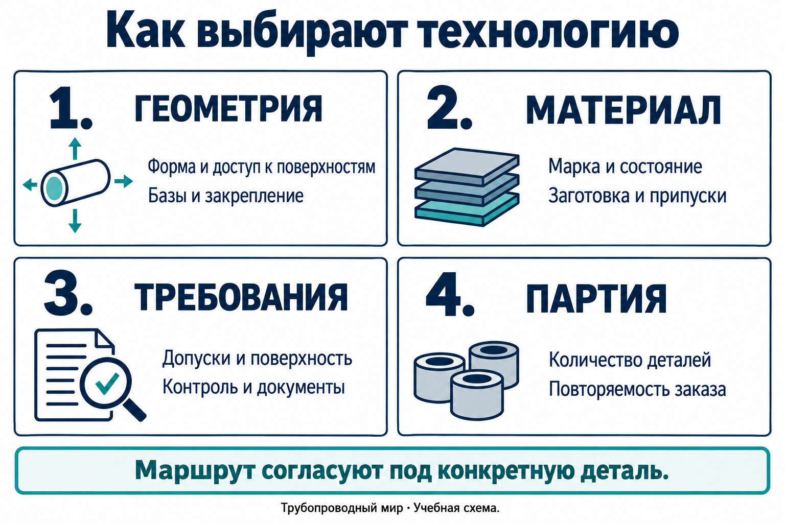 Четыре группы исходных данных: геометрия и закрепление, материал и заготовка, требования и контроль, количество деталей и повторяемость заказа