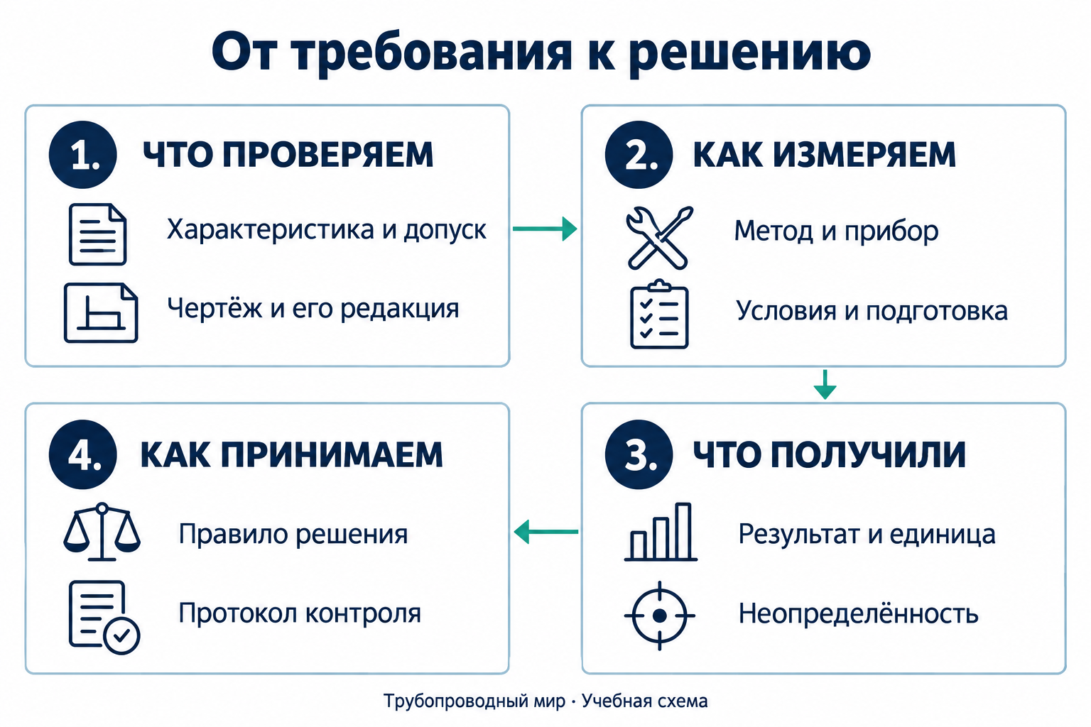 Четыре этапа контроля: требование и чертёж; метод, прибор и условия; результат с неопределённостью; решение по согласованному правилу и протокол