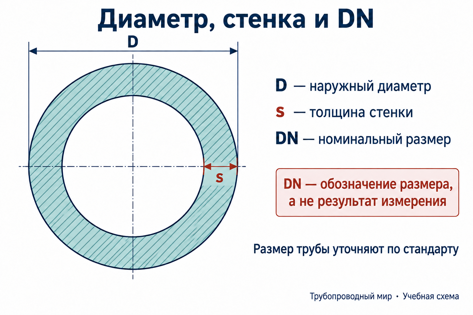 Кольцевое сечение трубы: D от одной наружной границы до другой, s между внутренней и наружной границами одной стенки; DN обозначает номинальный размер