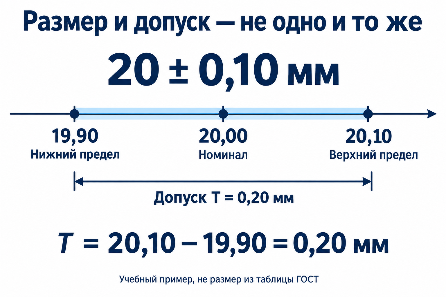 Учебный размер 20 плюс-минус 0,10 мм: нижний предел 19,90, номинал 20,00, верхний предел 20,10. Допуск — ширина всего интервала, 0,20 мм