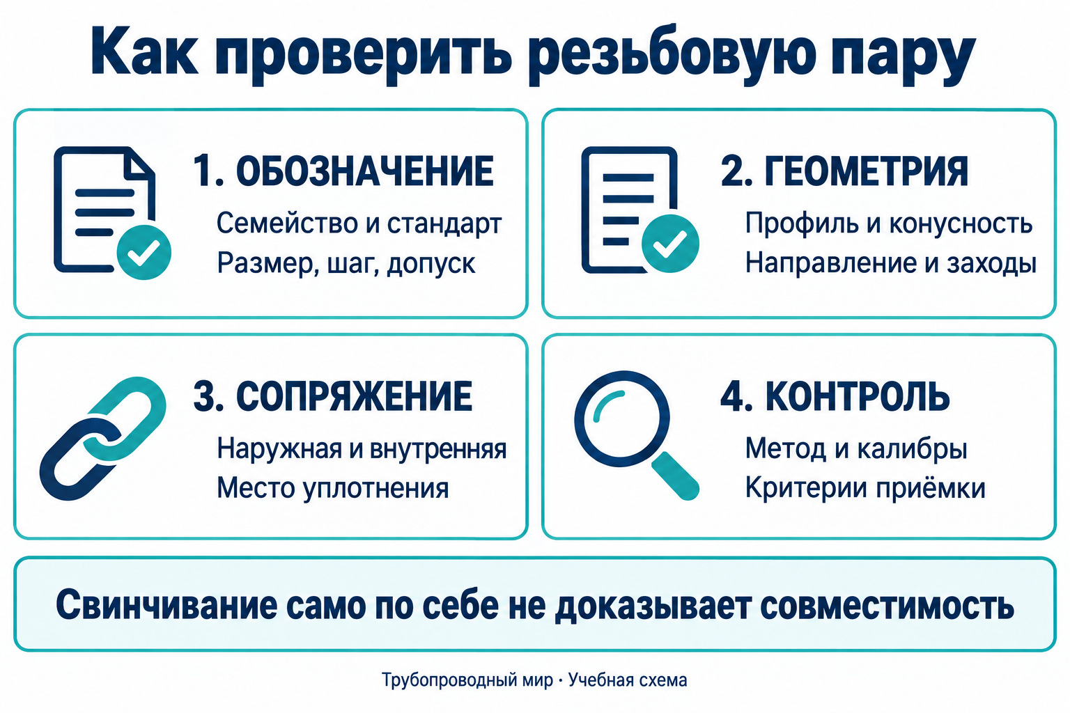 Четыре группы проверки резьбовой пары: обозначение и стандарт; профиль и конусность; сопряжение и уплотнение; методы контроля и приёмки