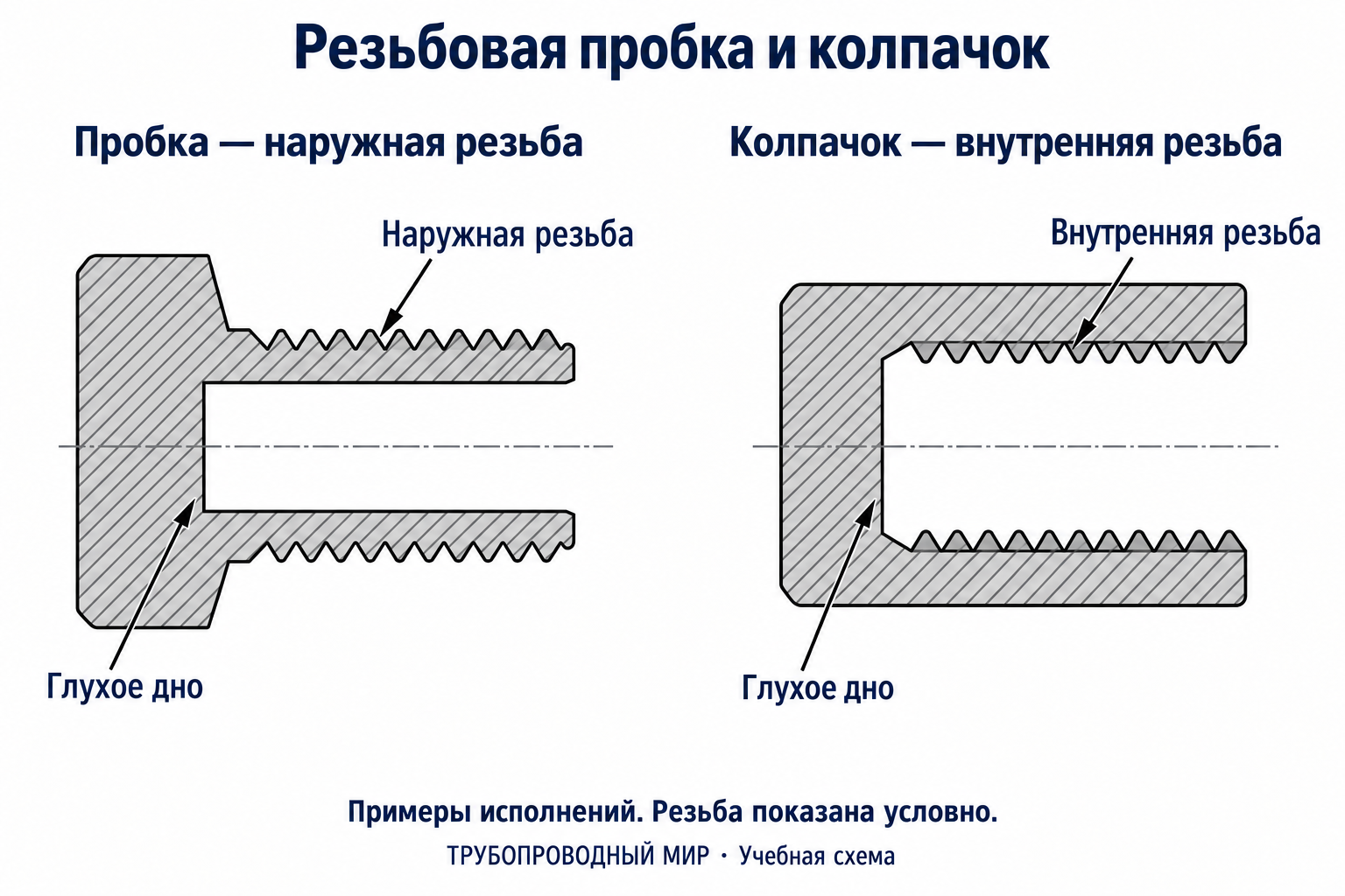 Два отдельных учебных разреза: пробка с наружной резьбой и глухой полостью, колпачок с внутренней резьбой и закрытым дном