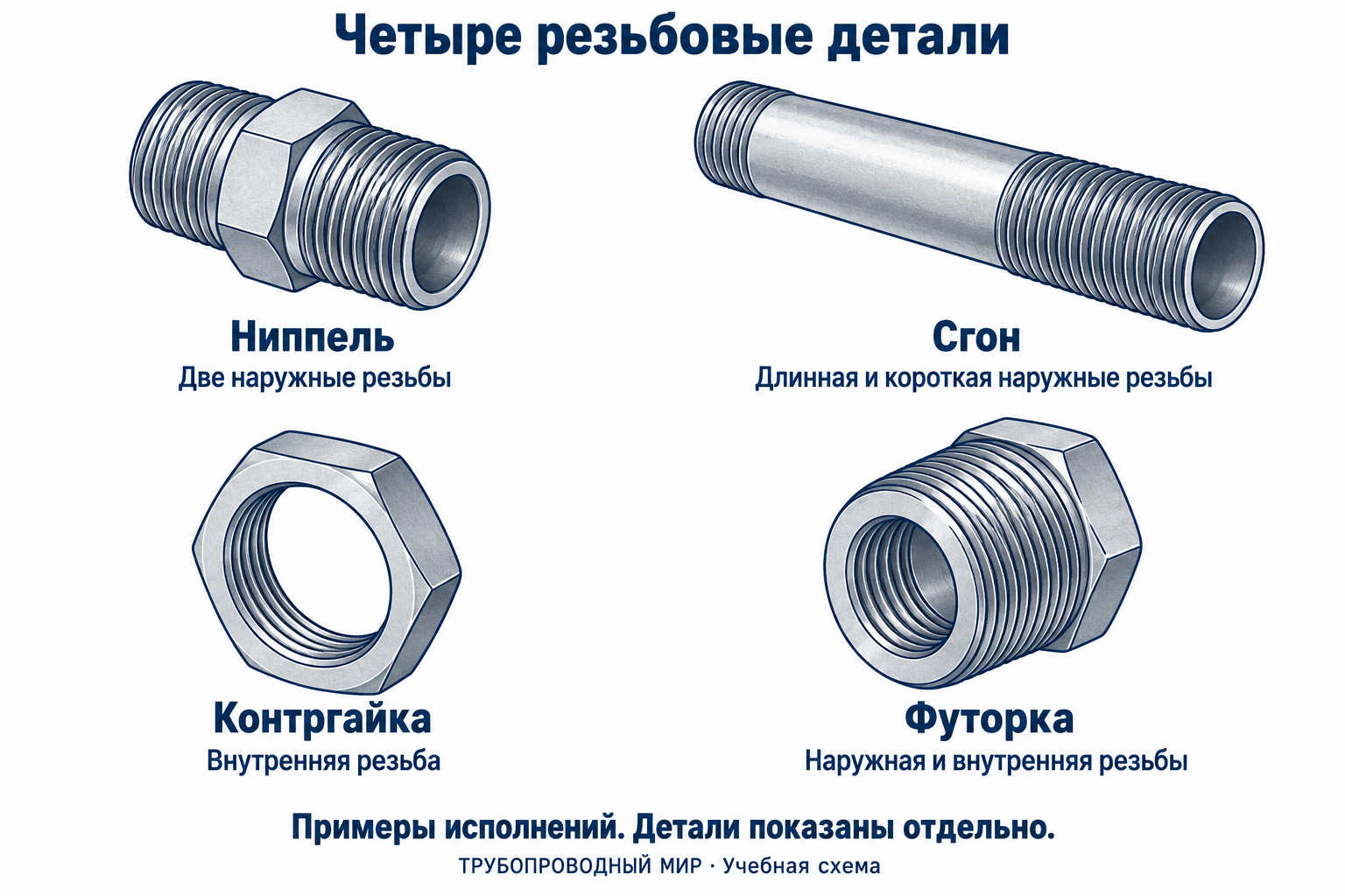 Отдельные наглядные виды: ниппель с двумя наружными резьбами, сгон с длинной и короткой наружной резьбой, контргайка с внутренней резьбой и футорка с наружной и внутренней резьбой