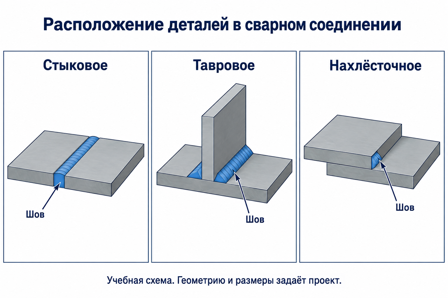 Учебная схема: стыковое соединение двух деталей в одной плоскости, тавровое соединение в форме Т и нахлёсточное с перекрытием; сварные швы выделены синим